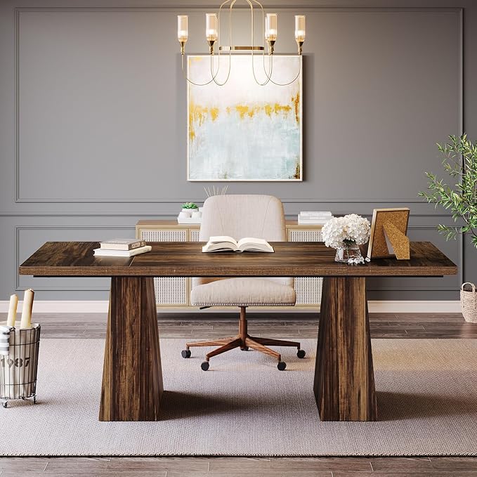 Tribesigns 63-Inch Executive Desk, Large Office Computer Desk with Double Pedestal, Modern Simple Workstations Writing Table Conference Table Business Furniture for Home Office, Rustic Brown