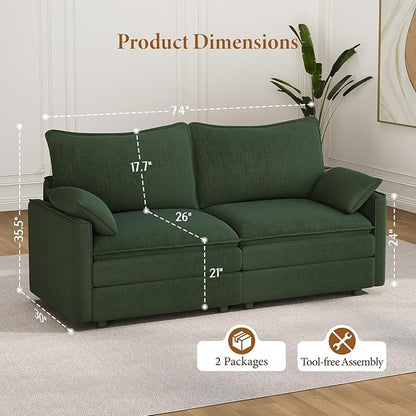 Vesgantti 74" Loveseat Sofa for Living Room, Comfy Cloud Couch Deep Seat Chenille Modern 2 Seater Small Sofa with Armrest Pillow, Easy Assembly for Small Spaces, Green