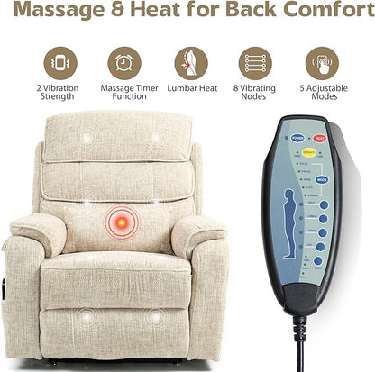 Power Lift Recliners Chairs for Elderly Adults Lay Flat Recliner with Heat & Massage, Wireless Charging Device, USB Ports, Cup Holder, Lumbar Pillow, 400Lbs (Velvet Fibric,Beige)