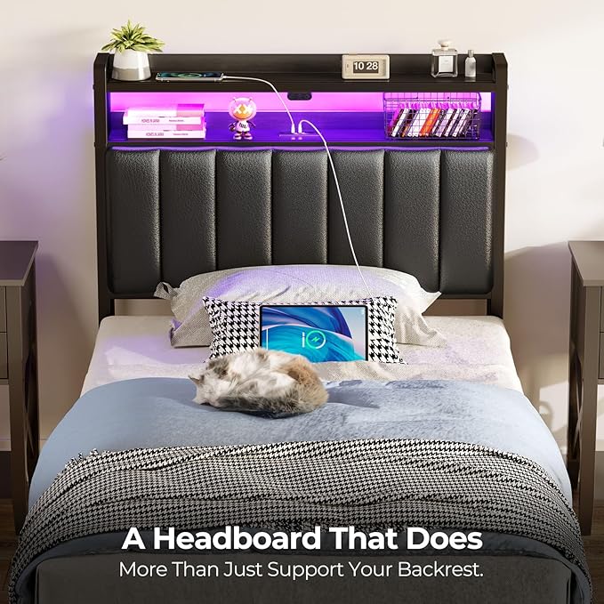 Rolanstar Headboard for Twin Size Bed with Storage, 60,000 DIY Color of LED Light, Head Board with USB & Type C Port, Height Adjustable, Black Upholstered Cabeceras de Cama Comfortable Modern, Leather