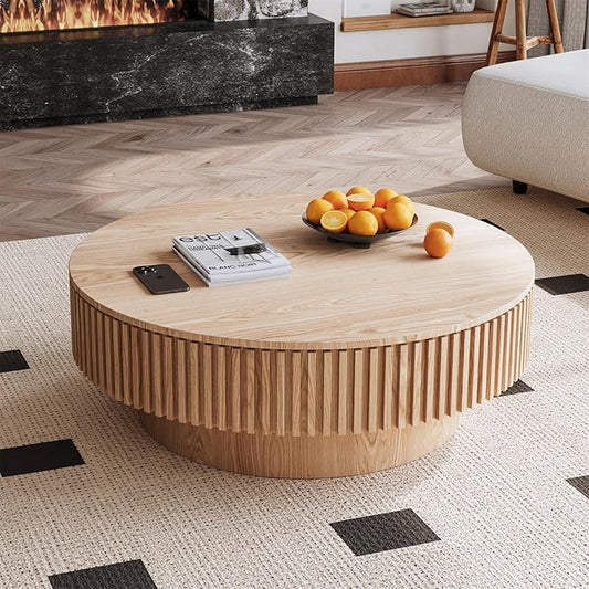 39.37'' Round Coffee Table for Living Room, Fluted Tea Table with Hidden Storage, Solid Wood Circle Coffee Table, Modern Tea Table for Small Space Apartment-Natural Wood 39.37''D×13.78''H