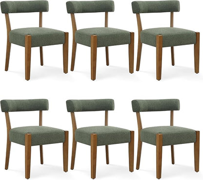 Modern Green Dining Chairs Set of 6, Walnut Upholstered Kitchen & Dining Room Chairs, Mid Century Modern Wooden Dining Chairs Oversized Sturdy Fabric Rounded Chairs Curved Back