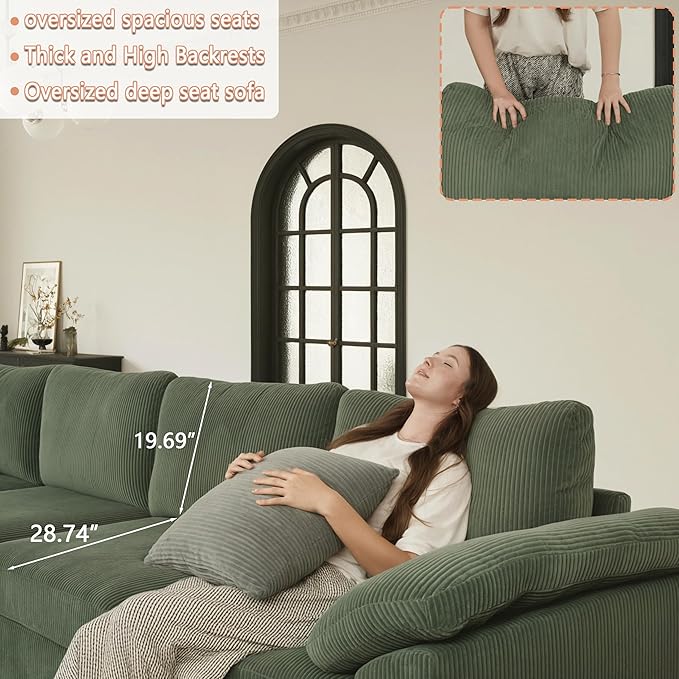 EASE MOOSE Oversized L Shape Sectional Modular Sectional Sofa,Green Extra Large Comfty Cloud Couch，Deep Seat Wide Modular Sofa for Living Room ，Removable Cover