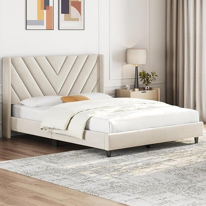 Yaheetech Full Bed Frame Upholstered Platform Bed with Wing Side Tufted Headboard/Sturdy Wooden Slat Support/No Box Spring Needed/Mattress Foundation,Beige Full Bed