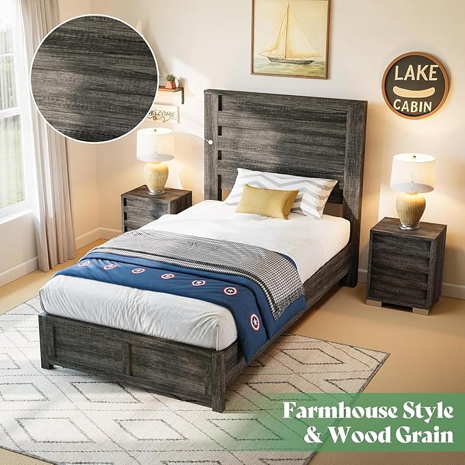 AMERLIFE Farmhouse Twin Platform Bed Frame with 49" Fluted Headboard, Wooden Bed with Natural Grain Finish, Noise-Free, No Box Spring Required, Easy Assembly, Grey