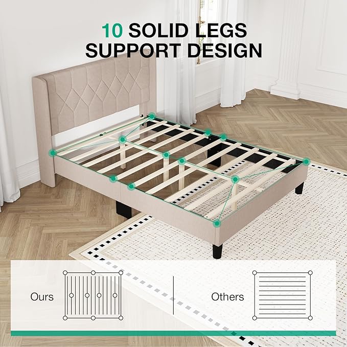 Novilla Full Size Bed Frame, Full Bed Frame with Headboard, Linen Upholstered Pull-Point Wing Side Headboard, No Box Spring Needed, Heavy Duty Feet, Easy Assembly, Beige