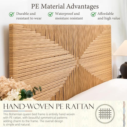 Yechen Queen Rattan Style Boho Bed Frame with Headboard and Footboard, Mid Century Modern Hand-Woven Wicker Bedframe with Vintage Pattern, Bamboo Bed with Metal Slats, No Box Spring Needed, 1000lbs