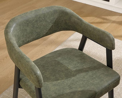 HNY Modern Dining Room Arm Chairs Set of 4, Green Retro Faux Leather Upholstered Barrel Dining Chairs with Arms Mid-Century Accent Chair with Metal Legs, Open-Back Kitchen Side Chairs for Living Room