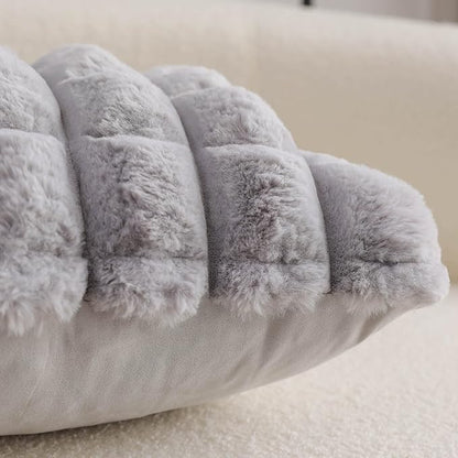 Neelvin Grey Faux Fur Cozy Soft Plaid Decorative Throw Pillow Covers 16x16 inch Set of 2,Velvet Pillowcase Cushion Case for Sofa Couch