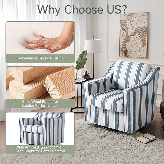 UIXE Swivel Accent Chairs Set of 2, Fabirc Upholstered Arm Chair for Living Room, Modern Club Armchair Comfy Single Sofa Bedroom Reading Seat with Lumbar Pillow - Navy Blue Stripe