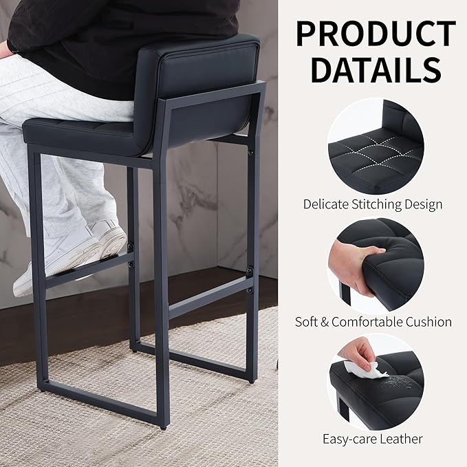 Bar Height Bar Stools Set of 2, Modern Tall Counter Stool, Faux Leather Barstools with Back, Comfortable 30-inch Seat Height Island Chairs for Kitchen Island (Black, 2Pcs 30" Bar Stools)