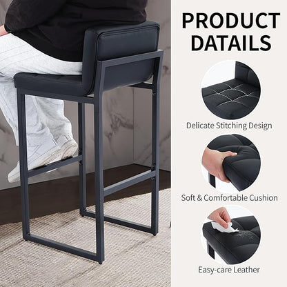 Bar Height Bar Stools Set of 2, Modern Tall Counter Stool, Faux Leather Barstools with Back, Comfortable 30-inch Seat Height Island Chairs for Kitchen Island (Black, 2Pcs 30" Bar Stools)
