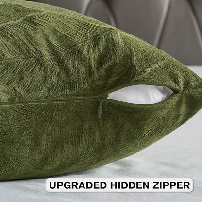 FUTEI Moss Green Velvet Throw Pillow Covers 24x24 Inch Set of 2,Soft Embossed Leaf-Relief Textured European Cushion Cases,Natural Home Decor for Couch Living Room