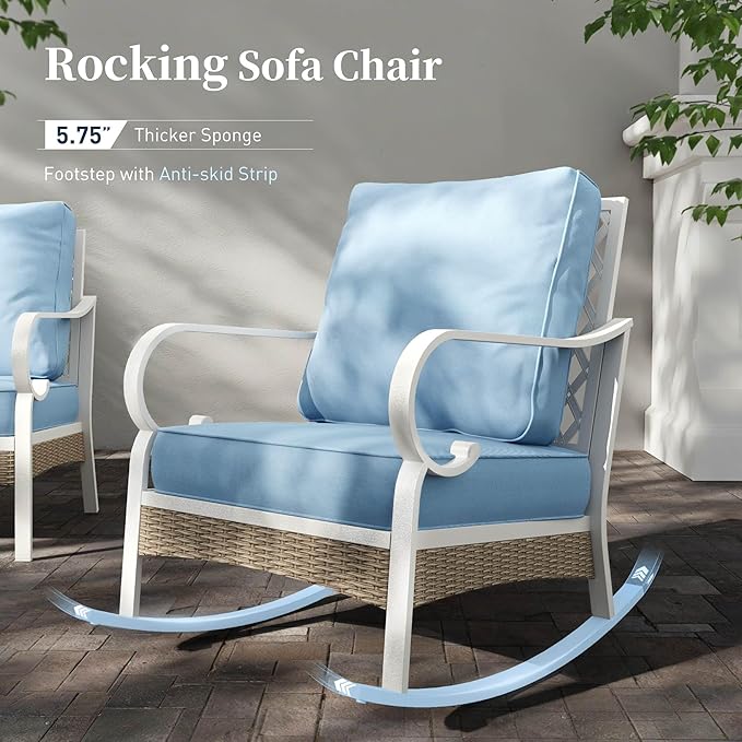 6 Piece Metal Outdoor Patio Furniture Set, Patio Conversations Set 3-Seater Sofa, 2-Seater Sofa, 2 Rocking Chair with 5.75" Thick Cushion & Coffee Table White Backyard Furniture, Blue