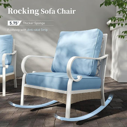 6 Piece Metal Outdoor Patio Furniture Set, Patio Conversation Set 3-Seater Sofa, 2 Fixed Sofa, 2 Rocking Chair with 5.75" Thick Cushion and Coffee Table White Backyard Furniture, Blue