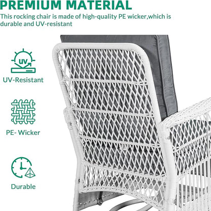 VIVIJASON 5-Piece Outdoor Patio White Wicker Conversation Sets, All Weather Outdoor Rattan Furniture Set Includes Glider Loveseat, 2 Coffee Table, 2 Swivel-Gliders Chairs with Cushions, Grey