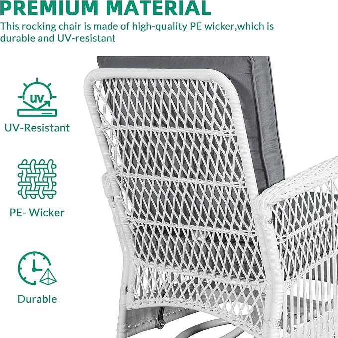 VIVIJASON 3-Piece Outdoor Conversation Bistro Set, Patio Swivel Glider Rocking Chairs Rattan Furniture Sets w/ 2 White Rattan Chairs, Glass Top Side Table for Porch Backyard, Grey Cushions
