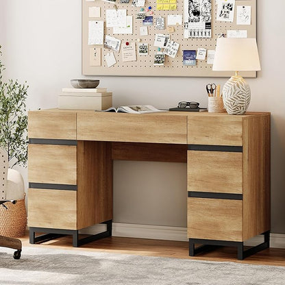 WAMPAT 59" Modern Executive Desk with Drawers, Wood Computer Writing Desk with Charging Station, Office Desk with File Drawer, Study Table for Bedroom, Living Room, Home Office, Oak