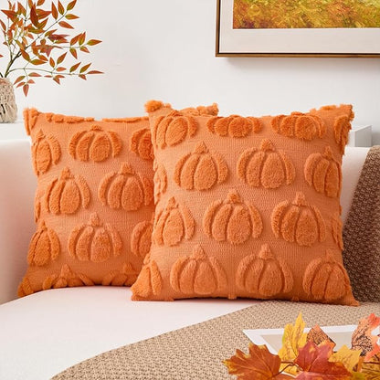 Kevin Textile Fall Pillow Covers 20x20 Inch Set of 2 Soft Pumpkins Decorative Square Pillowcases Plush Autumn Faux Fur Cushions Harvest Gift for Couch Sofa Chair Bedroom Home Decor, Orange
