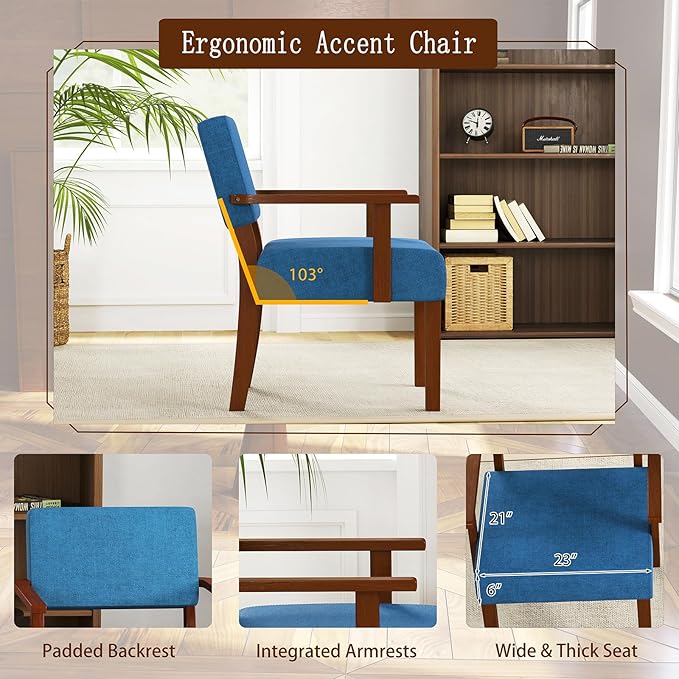 KOMFOTT Upholstered Accent Chairs Set of 2, Mid-Century Modern Armchair with Rubber Wood Frame, Linen Living Room Chairs with Padded Seat & Backrest, Reading Chair for Bedroom, Waiting Room, Blue