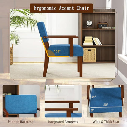 KOMFOTT Upholstered Accent Chairs Set of 2, Mid-Century Modern Armchair with Rubber Wood Frame, Linen Living Room Chairs with Padded Seat & Backrest, Reading Chair for Bedroom, Waiting Room, Blue