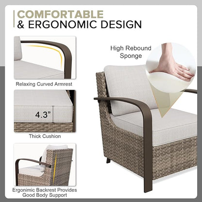 COOS BAY Aurora Terrace Half-Moon Outdoor Furniture Set, Rattan Conversation Set with Patio Chairs, Curved 5-Seat Sofa, Coffee Table, Seats 7, Beige/Beige