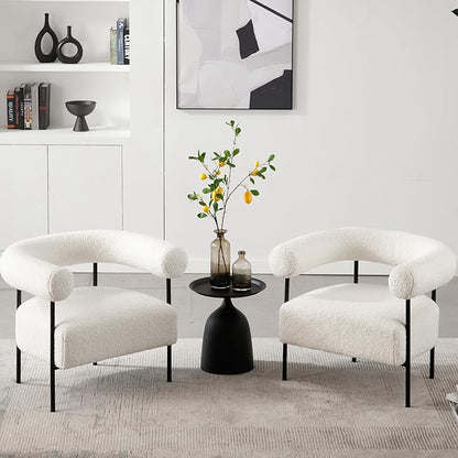 Modern Accent Chairs Set of 2, White Boucle Side Chairs with Curved Back, Sherpa Barrel Vanity ChairsArmchairs with Black Metal Legs & Upholstered for Living Room, Makeup Room