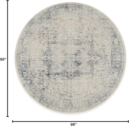 RUGGABLE Washable Vintage Area Rug – Kamran Blue Quartz 8 ft Round, Stain-Resistant, Non-Slip – Large Machine Washable Rugs for Living Room, Bedroom, Hallway, Entryway & Office–with Standard Pad