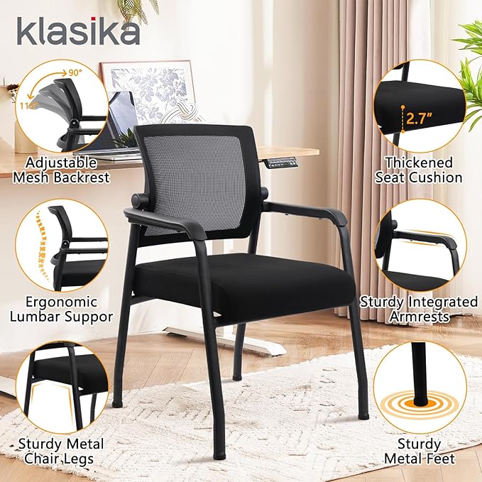 Office Guest Chairs No Wheels | Ergonomic Lumbar Support and Thicked Seats Cushion, Desk Chair with Adjustable Mesh Back for Waiting Room School Church Reception，Black 2PK
