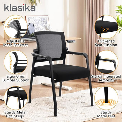 Office Guest Chairs No Wheels | Ergonomic Lumbar Support and Thicked Seats Cushion, Desk Chair with Adjustable Mesh Back for Waiting Room School Church Reception，Black