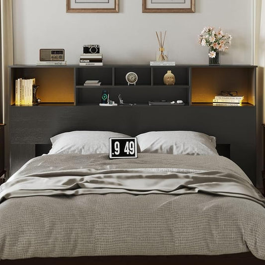 Apicizon 81" King Size Headboard Only, Black Storage Headboard with USB for King Size Bedroom, Wood Head Board with 2 LED Lights, Black Bookshelf