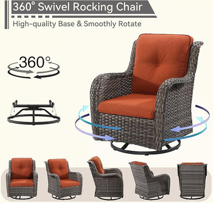6 Pieces Outdoor Furniture Set - Patio Wicker Swivel Rocker Chair Set of 4 and 2 Side Table, Orange, Mixed Brown Rattan, Suitable for Porch, Yard