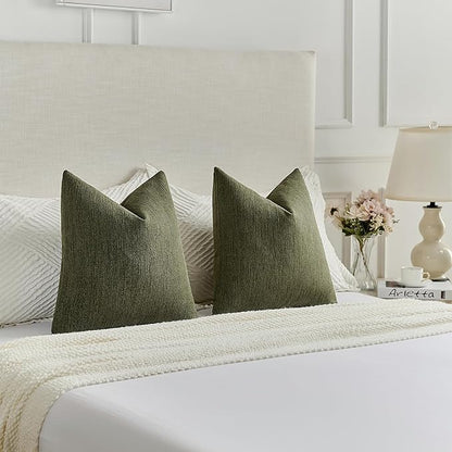 FUTEI Moss Green Chenille Decorative Throw Pillow Covers 16x16 Inch Set of 2,Soft Cozy Faux Linen Textured Cushion Case,Farmhouse Home Decor for Couch Living Room