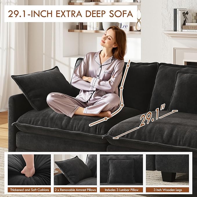 WorthFurni 111.4” Modular Sectional Sofa, U Shape Cloud Couch with 2 Movable Ottoman, Comfy Chenille Deep Seat Sofa with Soft Pillows for Living Room Apartment (Black)