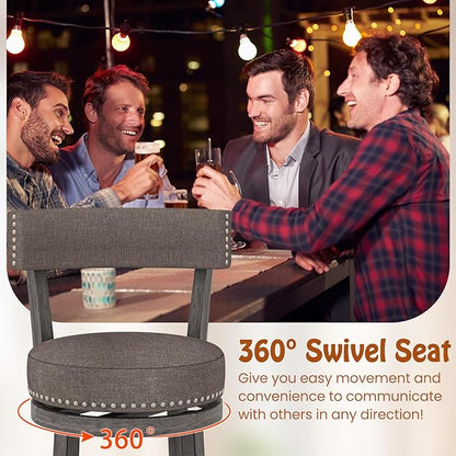 COSTWAY Bar Stools Set of 4, Upholstered Farmhouse Bar stools with Cushioned Seat & Backrest, Solid Wood Legs, Footrest, 31” Bar Height Swivel Stools for Kitchen Island, Pub (4, 31'' Seat Height)