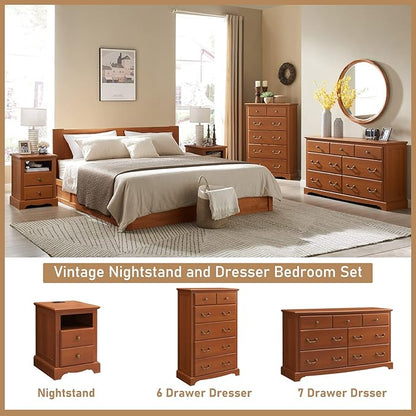 T4TREAM 7 Drawers Dresser Chests for Bedroom, Wood Vintage Chests of Drawers, Rustic Dressers Chset Organizer for Bedroom, Living Room, Hallway, Cherry