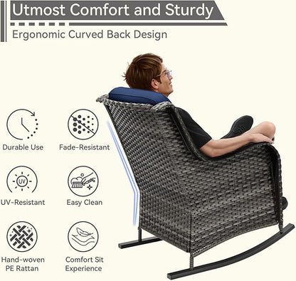 3 Piece Outdoor Rocking Chair Bistro Set, Wicker Patio Furniture Set Includes 2 Chiars and 1 Side Table, for Yard, Porch, Mixed Brown Grey Rattan, Blue