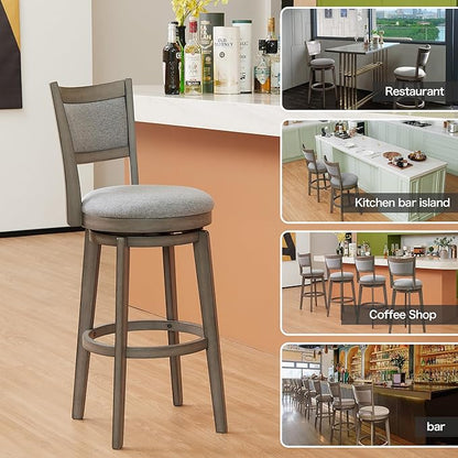 PrimeZone Swivel Bar Stools Set of 4, 30 Inch Bar Height Barstools, High Back Bar Stool with Solid Wood Legs & Wrap-Around Footrest, Counter Stools for Kitchen Island, Pub & Cafe, Grey