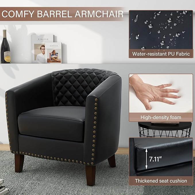 Pia Ricco Faux Leather Barrel Accent Chairs Set of 4, Modern Club Arm Chair Comfy Upholstered Single Sofa Chair with Solid Wood Legs and Nailhead Trim for Living Room/Reading Room, Black