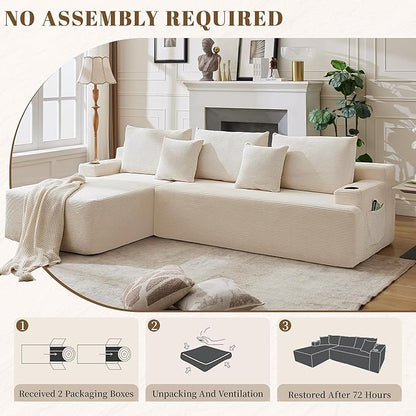 106" Cloud Sectional Couch, Modular Sectional Sofa with L-Shape Chaise, Corduroy Boneless Couch with Deep Seat, Upholstered Sofa for Living Room, No Assembly Required(Left-Facing Chaise, White)