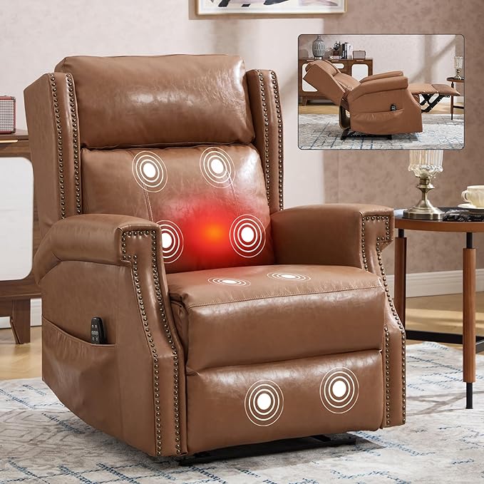 Manual Recliner Chair with Massage & Lumbar Heat, Breathable Leather Reclining Chair for Adults, Humanized Design Easy to Install Living Room Recliners Camel Brown