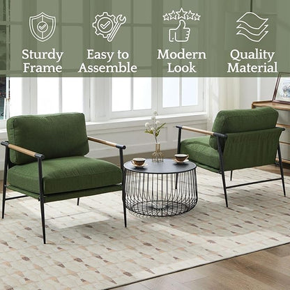 LukeAlon Mid-Century Linen Accent Chairs Set of 2, Soft Living Room Chairs with Metal Legs Modern Armchairs Lounge Chairs Upholstered Comfy Leisure Chairs for Bedroom Reading Room Waiting Room, Green