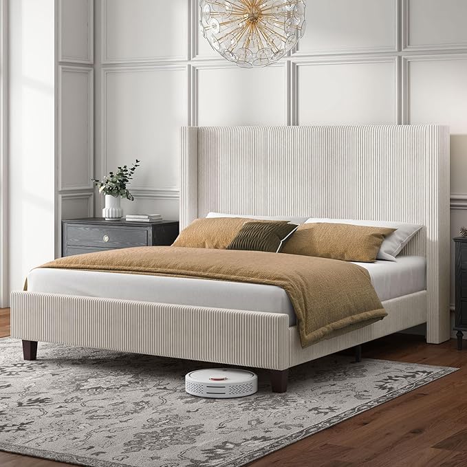 HOWE King Size Upholstered Platform Bed Frame, Wingback Bed with 50.8" Headboard, Corduroy/Solid Wood Leg/No Box Spring Needed/Noise Free/Cream