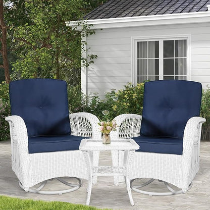 VIVIJASON 3-Piece Patio Conversation Bistro Set, Outdoor Swivel Glider Rocking Chairs Rattan Furniture Set w/ 2 Rattan Chairs, Glass Top Side Table for Porch Backyard, White - Navy Blue