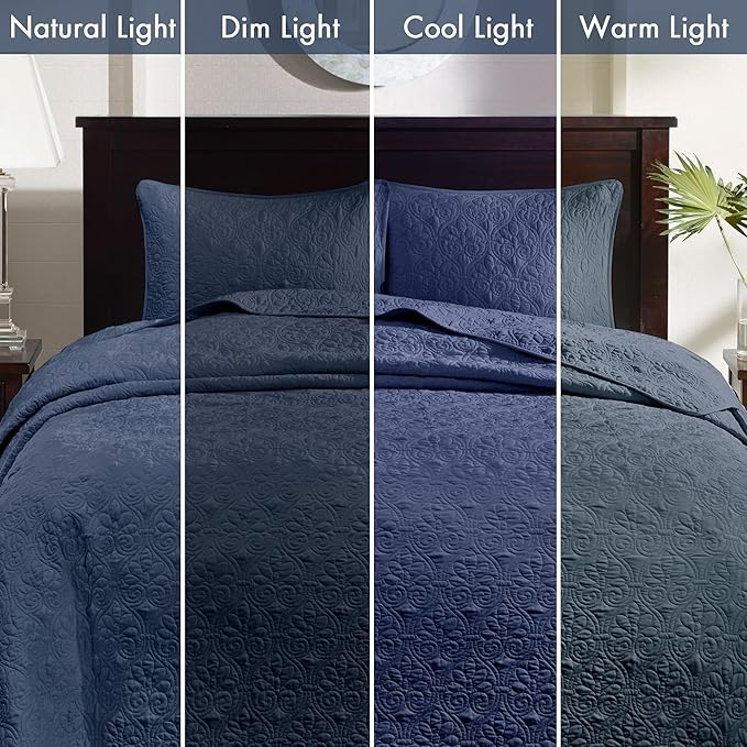 Madison Park Quebec Queen Size Quilt Bedding Set - Navy , Damask – 3 Piece Bedding Quilt Coverlets – Ultra Soft Microfiber Bed Quilts Quilted Coverlet