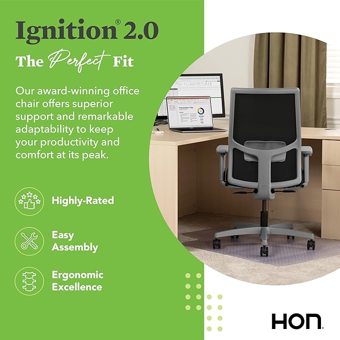 HON Ignition 2.0 Mid Back Task Chair, Standard Synchro-Tilt Control, Office Chair with Lumbar Support, Height and Width Adjustable Arms, Titanium Frame, Black