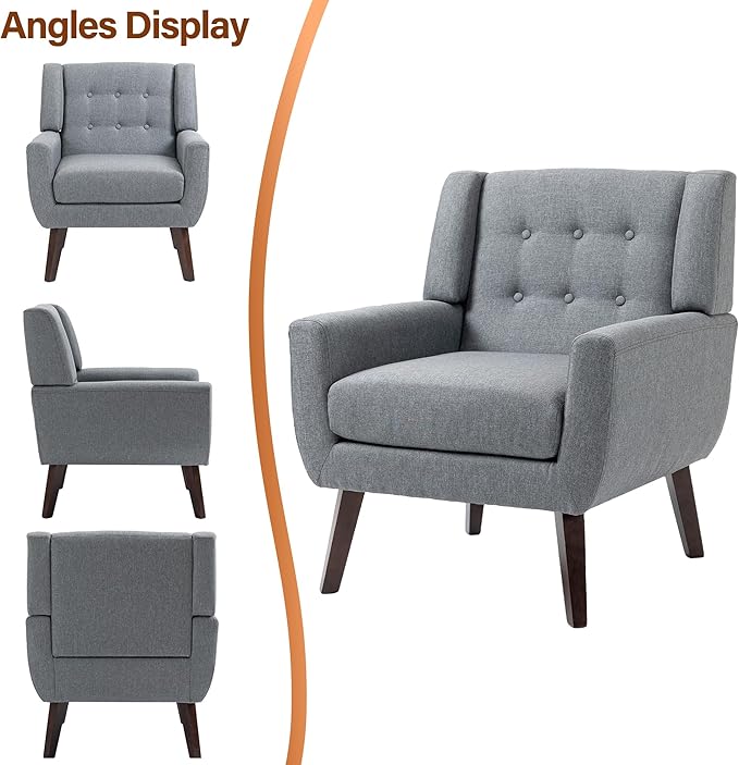 Accent Chair, Modern Fabric Armchair for Living Room, Comfy Upholstered Arm Chair Tufted for Indoor Bedroom Office Room (Gray)