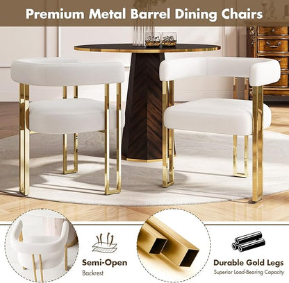 Beige and Gold Modern Dining Chairs Set of 2, Velvet Upholstered Barrel Armchairs with Metal Legs for Kitchen Island, Mid Century Accent Chairs for Dining Room Living Room, Open-Back
