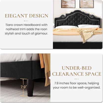 SHA CERLIN Full Size Bed Frame with Adjustable Headboard/Velvet Upholstered/Diamond Button Tufted and Metal Studs/No Box Spring Needed/Wood Slat Support/Easy Assembly/Black