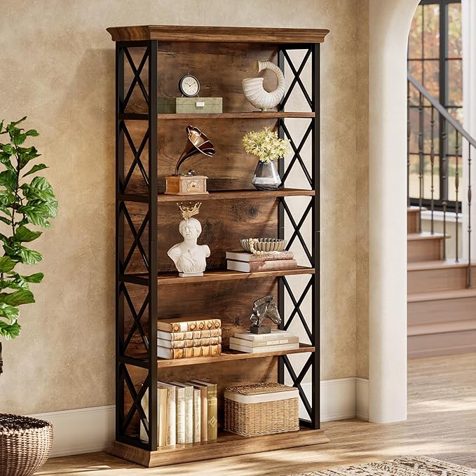 Tribesigns 71-Inch Tall Bookcase, 5-Tier Industrial Metal Bookshelf, Large Etagere Bookcases and Bookshelves, Freestanding Display Shelves for Living Room, Bedroom, Rustic Brown and Black